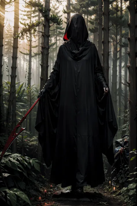 In the foggy forest roads line up cultists or Grim Reaper with scythes，They wore black robes and hoods，No face to see，In the distance lies corpses，Above the corpse floats souls，The light from the back window is backlighted，Red edge light，luminous red eyes，...