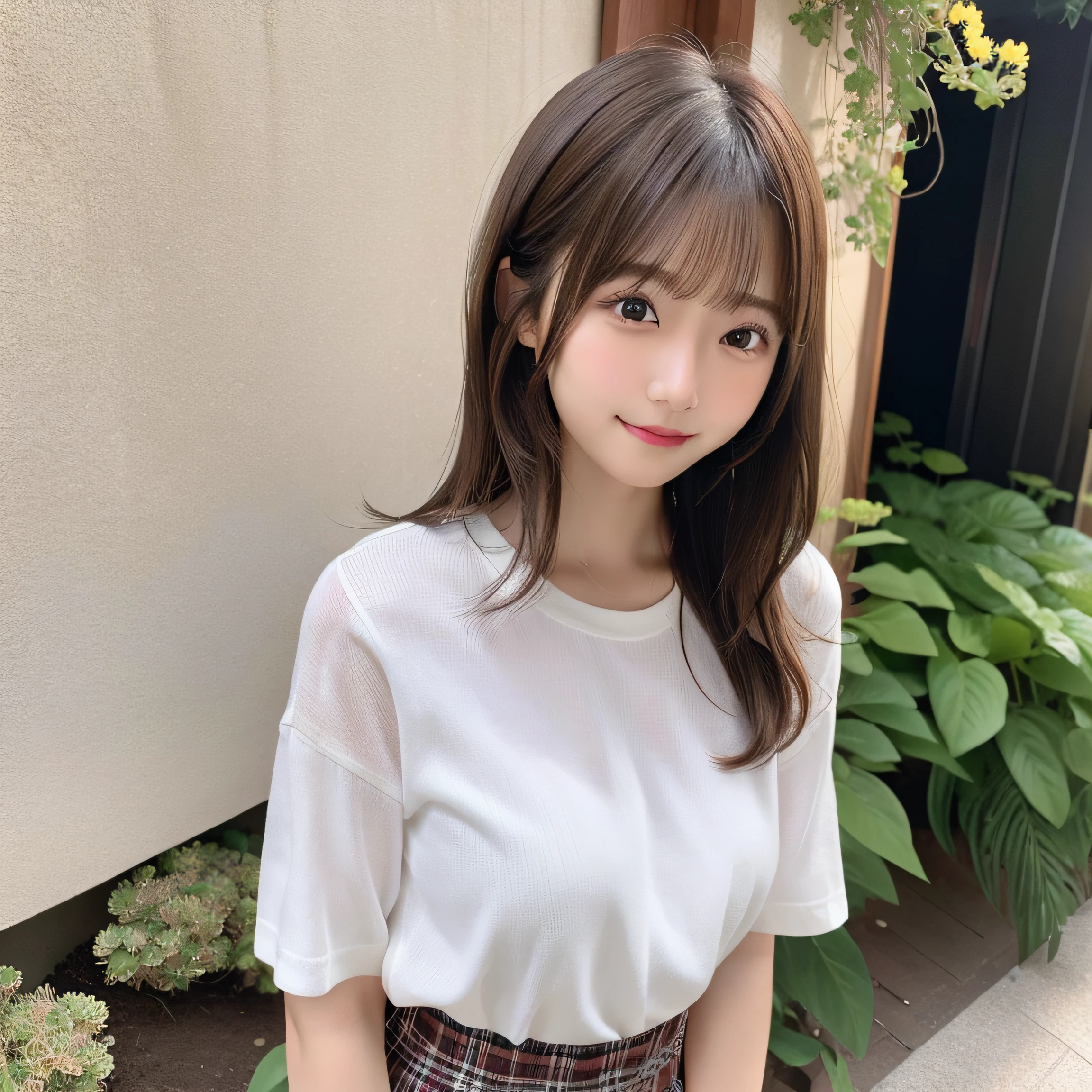 NSFW, 8k RAW photo, top-quality, ​masterpiece:1.3, 超A high resolution, film grains, filmg, 1girl, looking at the viewers, natural skin textures, realistic eyes and face details, Full lips, fluffy hair, Shy smile,  ample breasts, The shirt, Beautiful natural places,full bodyesbian、Around the position of the flower, (细致背景), Plaid skirt, white  shirt,(Brown medium hair,Bangs), (touch hair:1.4),nogizaka,beautiful legs:1.3