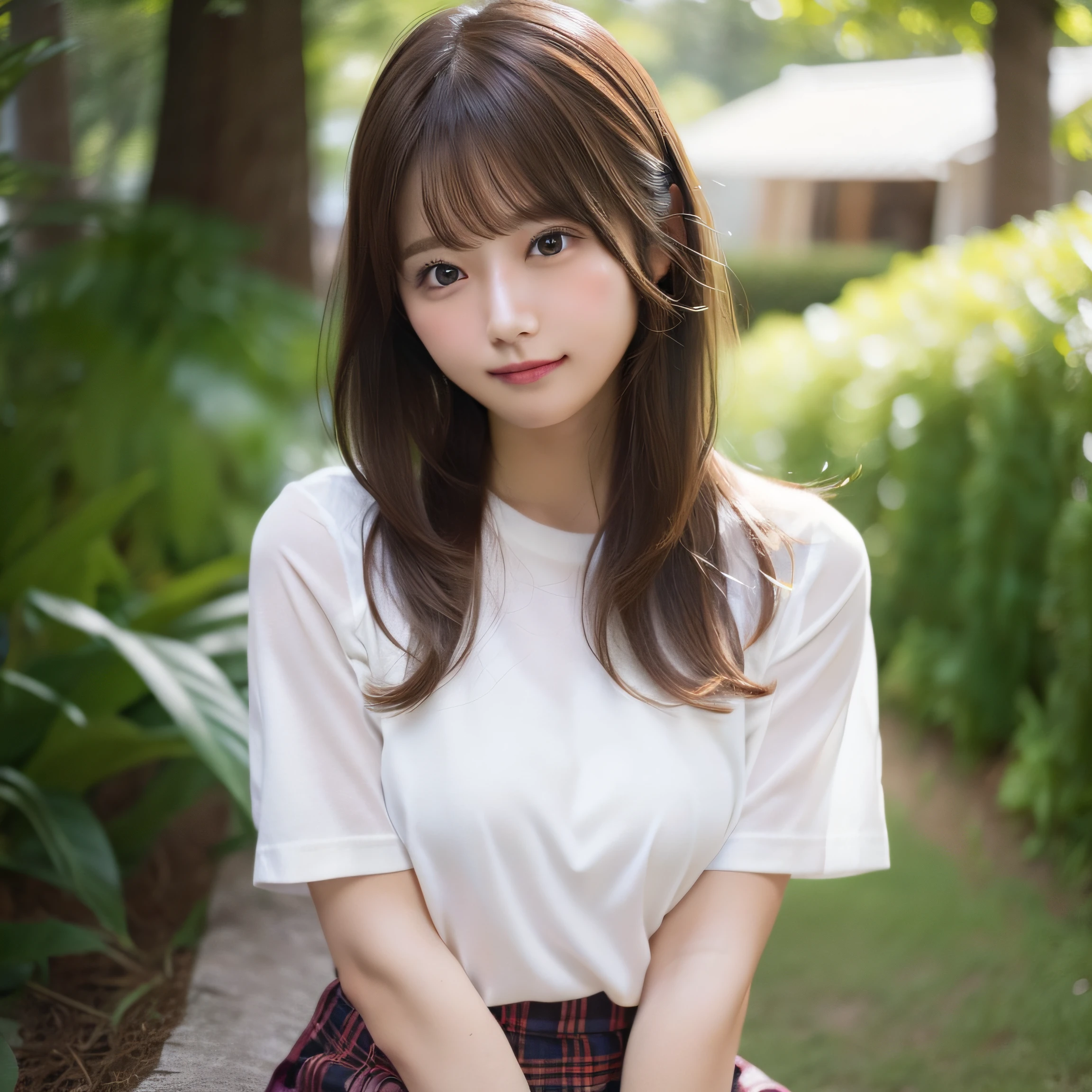 NSFW, 8k RAW photo, top-quality, ​masterpiece:1.3, 超A high resolution, film grains, filmg, 1girl, looking at the viewers, natural skin textures, realistic eyes and face details, Full lips, fluffy hair, Shy smile, ample breasts, The shirt, Beautiful natural places,full bodyesbian、Around the position of the flower, (细致背景), Plaid skirt, white  shirt,(Brown medium hair,Bangs), (touch hair:1.4),nogizaka,beautiful legs:1.3