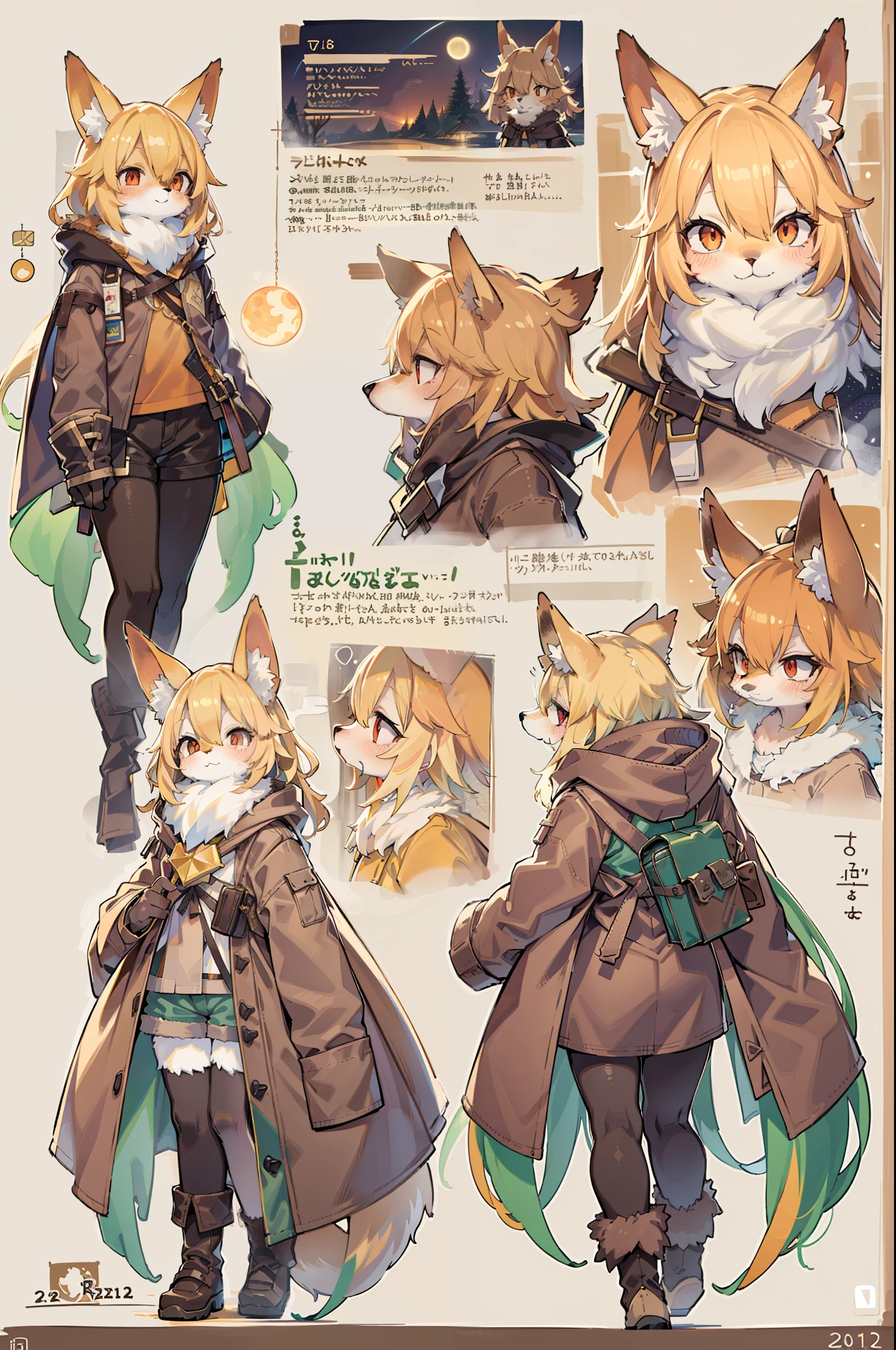 character chart，Shota the fox，hairy pubic，shaggy，Skin fur，Golden fur，Golden yellow face fur,Short straight blonde hair，Eyes have light，Red eyes，Brown elements on fur，Brown coat brown hood up，White top，brown shorts，Beautiful lights and shadows，Ambient light，Ultra-fine fur，volumettic light,natural  lightting，fox tails，Fluffy tail，No Man, Glowing tree，Lake, dark scenery, rain，Night，starrysky，Vast landscape，crossed bangs, Hairline, Shiny hair, lone nape hair, ，The smiley face has a faint blush, smiley，Sleepy，（Oversized Full Moon：1.2），（Meteors：0.9），（Starcloud：1.3）（Warm light source：1.2），Aurora，snowing，snowfield, Extra-long sleeves， Purple and orange，Complicated details，Volumetriclighting，Realist breakthrough（tmasterpiece：1.2）（best qualtiy），4K，Ultra-delicate，（Dynamic configuration：1.4），Highly detailed and colorful details，（Irridescent color ：1.2），（luminouslighting，Atmospheric lighting），dream magical，magic，solo，Glowing light,Light blush, ，Single