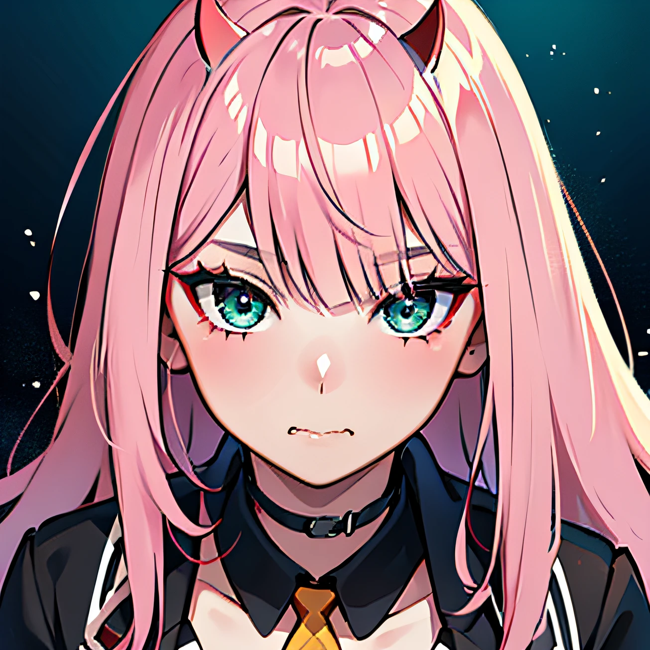 Zerotwo \(darling on franxx\), darling on franxx, 1girll, Closed mouth, bangs, , bite, eye shadows, Green eyes, hair behind head, Horns, Long hair, view the viewer,, Makeup, Black shirt, Black choker,Pink hair, Red eyeshadow, Science fiction, taut skin, Solo, Sea, Sky blue