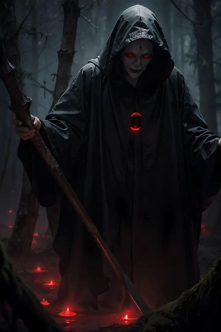 In the foggy forest at night line cultists or Grim Reaper with scythes，They wore black robes and hoods，No face to see，In the distance lies corpses，Above the corpse floated a translucent ghost，Red edge light，luminous red eyes，Scary gloomy atmosphere，Evoke f...