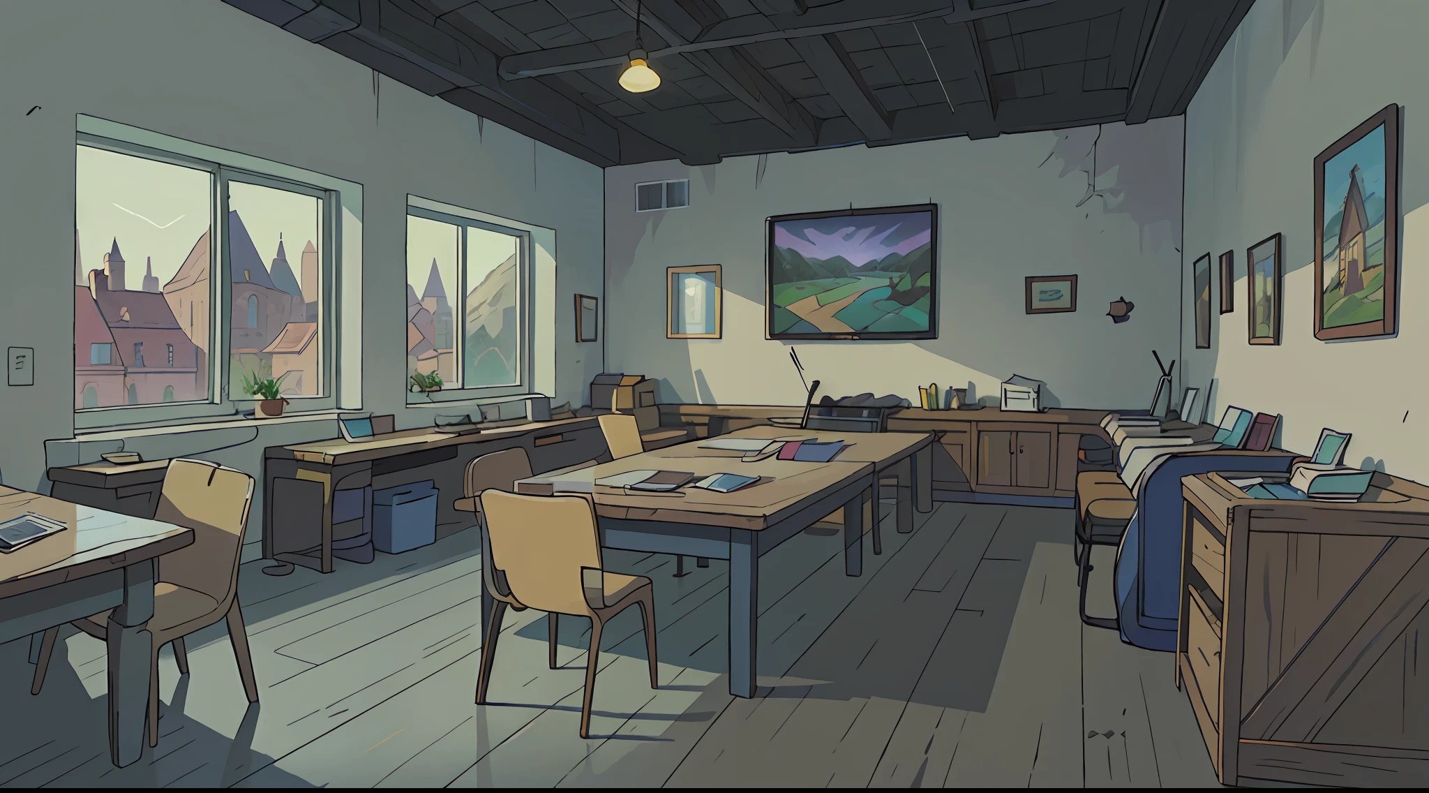 a highly detailed matte painting of a teenage study room, by evgeny lushpin, jim burns and greg rutkowski, realistic concept art , complementary colors, 8k resolution, trending on artstation, wide-angle lens