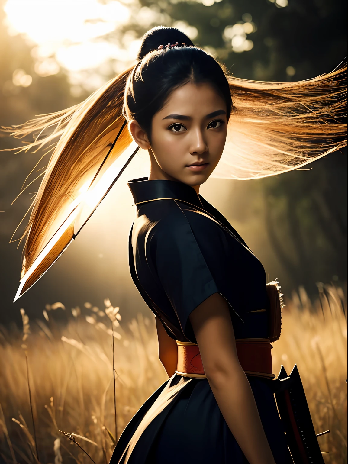 (best quality, masterpiece), 1girl, samurai, particle, wind, looking at viewer, fox ear, backlighting, upper body, pose