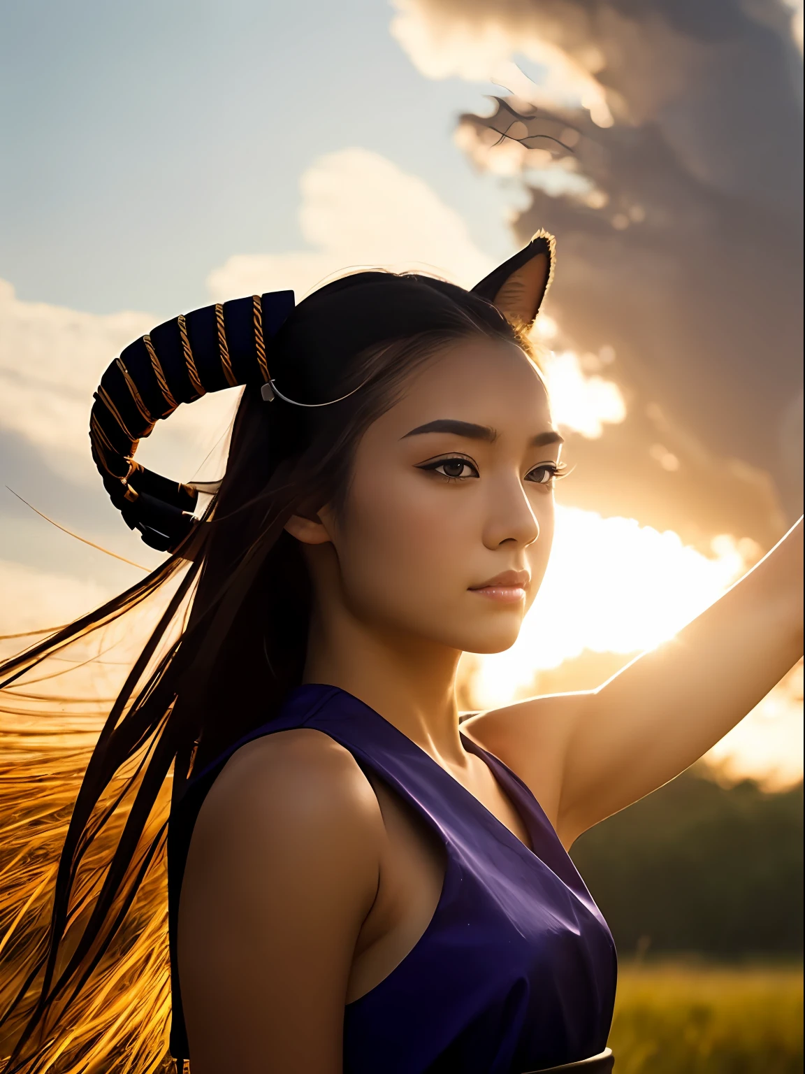 (best quality, masterpiece), 1girl, samurai, particle, wind, looking at viewer, fox ear, backlighting, upper body, pose