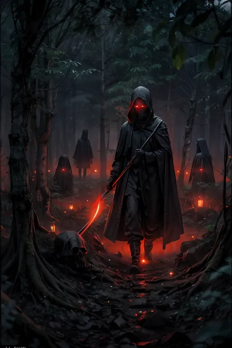 In the foggy forest at night line cultists or Grim Reaper with scythes，They wore black robes and hoods，No face to see，In the distance lies corpses，Above the corpse floated a translucent ghost，Red edge light，luminous red eyes，Scary gloomy atmosphere，Evoke f...