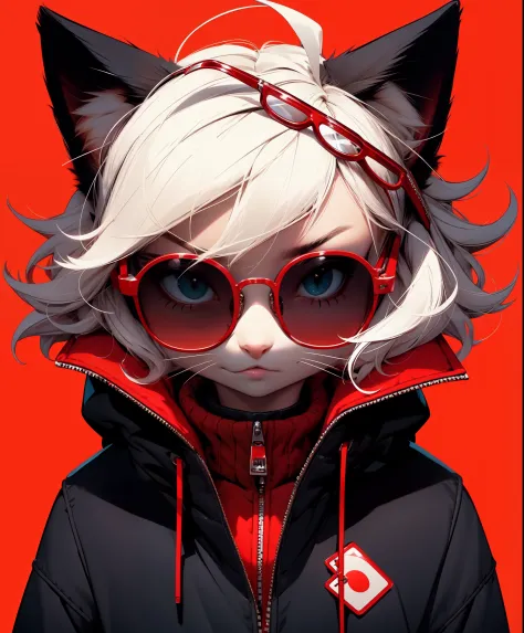 masterpiece, best quality, animal ears, 1girl, jacket, solo, furry, red background, furry female, looking at viewer, black jacket, white fur, white hair, upper body, zipper, glasses, simple background, blue eyes, closed mouth, sunglasses, round eyewear, ti...