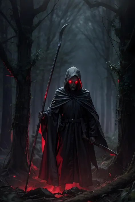 In the foggy forest at night，There are cultists or Grim Reaper with a scythe，They wore black robes and hoods，Face distortion，scream，In the distance lies corpses，A translucent ghost floats above the corpse，Red edge light，luminous red eyes，Terrible gloomy at...