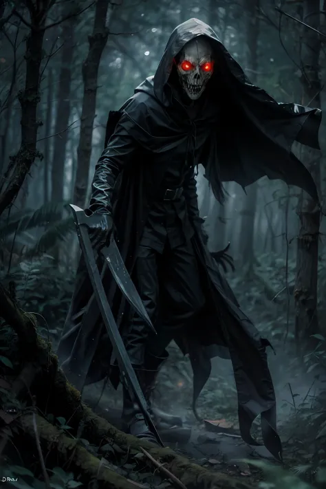 In the foggy forest at night，There are cultists or Grim Reaper with a scythe，They wore black robes and hoods，Face distortion，scream，In the distance lies corpses，A translucent ghost floats above the corpse，Red edge light，luminous red eyes，Terrible gloomy at...