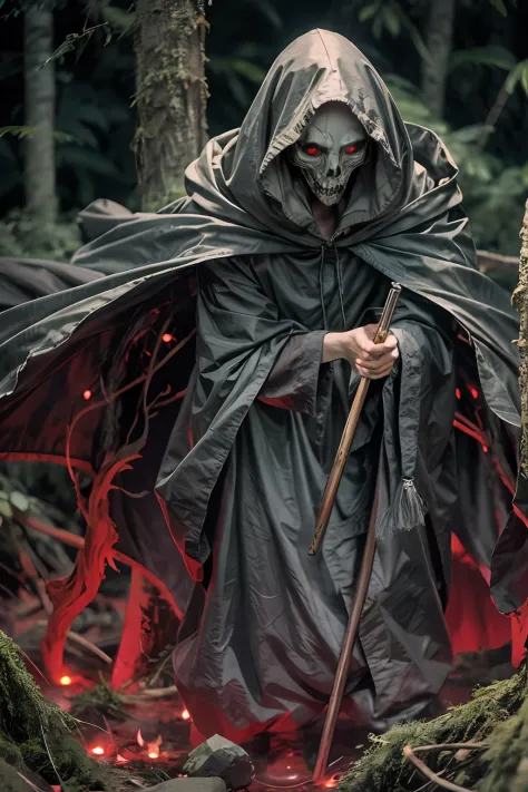 In the forest at night line cultists or Grim Reaper with scythes，They wore black robes and hoods，The demons，The ground is smoky with smoke，No face to see，In the distance lies corpses，Above the corpse floated a translucent ghost，Red edge light，luminous red ...