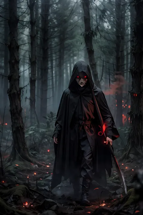 In the forest at night line cultists or Grim Reaper with scythes，They wore black robes and hoods，The demons，The ground is smoky with smoke，No face to see，In the distance lies corpses，Above the corpse floated a translucent ghost，Red edge light，luminous red ...