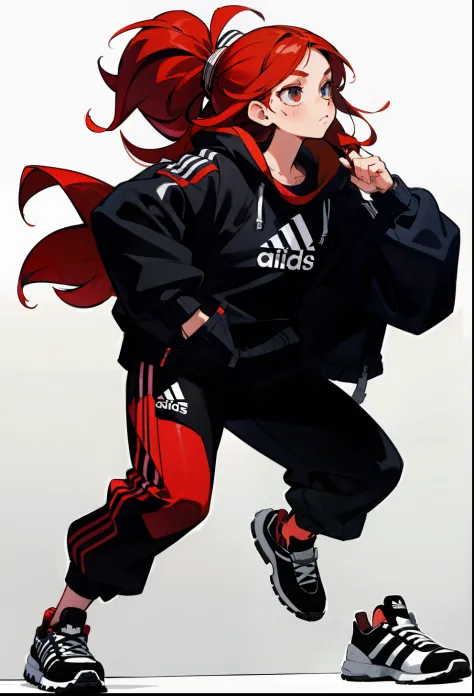 Red hair, 1Girl, Adidas Clothing, model poses, Long-haired, Product Advertising