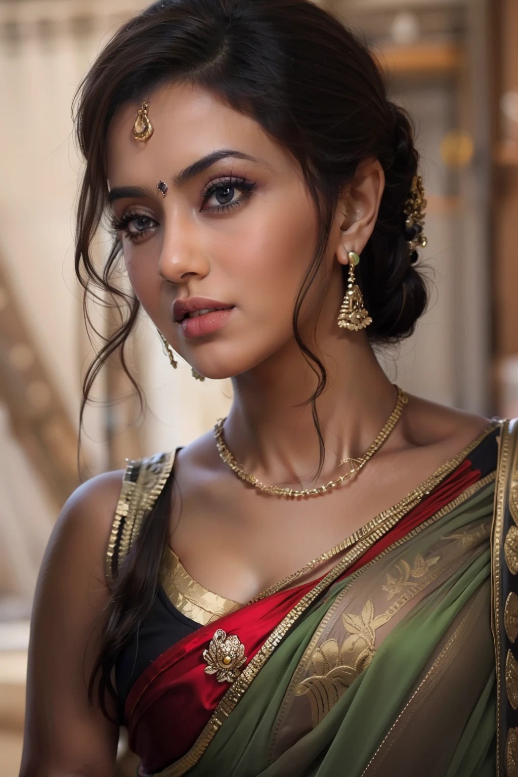 best quality, masterpiece, (realistic:1.2), young woman,waist up, modern style, detailed face, detailed eyes, detailed dark updo hair,strict expression, detailed skin, (saree:1.2),(look at viewer), dramatic, vibrant, standing, (big breasts:1.2),(nipple:0.1)