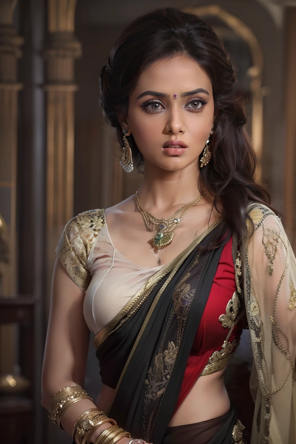 best quality, masterpiece, (realistic:1.2), young woman,waist up, modern style, detailed face, detailed eyes, detailed dark updo hair,strict expression, detailed skin, (saree:1.2),(look at viewer), dramatic, vibrant, standing, (big breasts:1.2),(nipple:0.1)