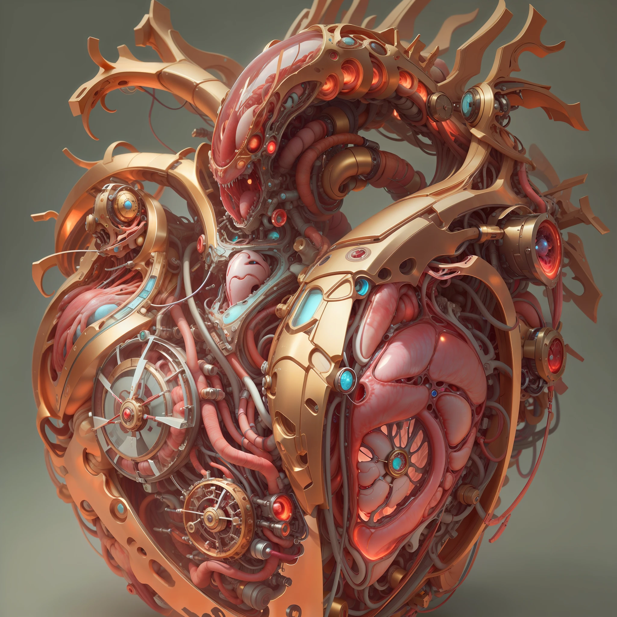 最好的品质，杰作，超高分辨率，（现实地：1.4），荒唐，有趣的，高色彩饱和度，3D 解剖，发光脉动静脉，科学化，3D机械生物心脏， 奇特的，Beautiful 3D 人的心脏 decoration design，人的心脏，翡翠/金和铜/金龙/机械表盘/嵌入生物的心脏，生物朋克