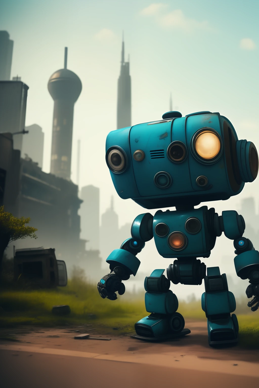 beautifully detailed background, detailed background, small robot in overgrown city, rollerblade on feet, action pose, blue robot, cute, professional artwork, fallout, post apocalyptic, ruined buildings, wreckage, rust, cute robot, fun mood, retro style robot, old fridge, led screen face, 2 eyes, pixel face, robot's face is a television screen, running pose