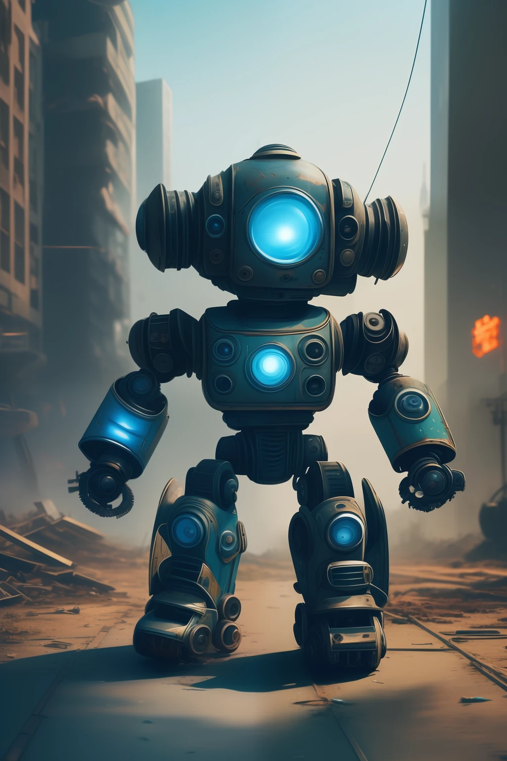 beautifully detailed background, detailed background, small robot in overgrown city, rollerblade on feet, action pose, blue robot, cute, professional artwork, fallout, post apocalyptic, ruined buildings, wreckage, rust, cute robot, fun mood, retro style robot, old fridge, led screen face