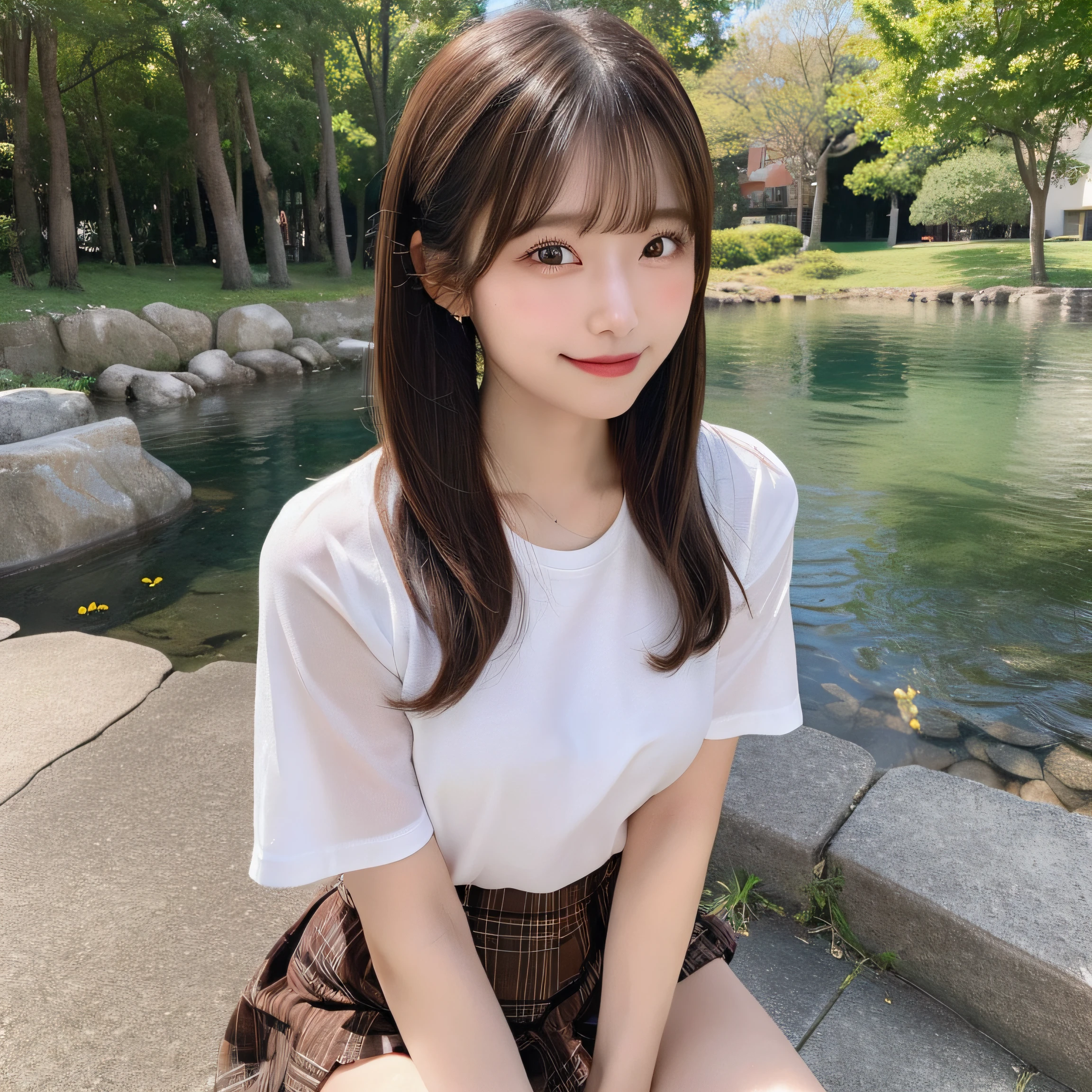 NSFW, 8k RAW photo, top-quality:1.1, ​masterpiece:1.3, 超A high resolution, film grains, filmg, 1girl, looking at the viewers, natural skin textures, realistic eyes and face details:1.1, Full lips, fluffy hair, Shy smile, ample breasts, The shirt, Beautiful natural places,full bodyesbian、Around the position of the flower, (Detailed background), Plaid skirt, white  shirt,(Brown medium hair,bangs), (touch hair:1.4),nogizaka,beautiful legs:1.1,poneyTail