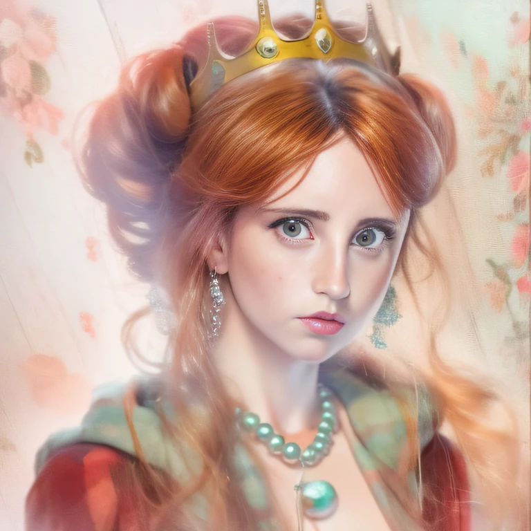 A watercolor and pencil drawing of a 32-year-old princess with wavy dark red hair, delicate lips, olhos cor de mel, golden crown on head,pearls necklace, Frown lines on the face, rosto bonito,rosto sexy, poros na pele, rosto detalhado, vestido verde, corpo magro em forma, cores frias, (rosto LiliArt)