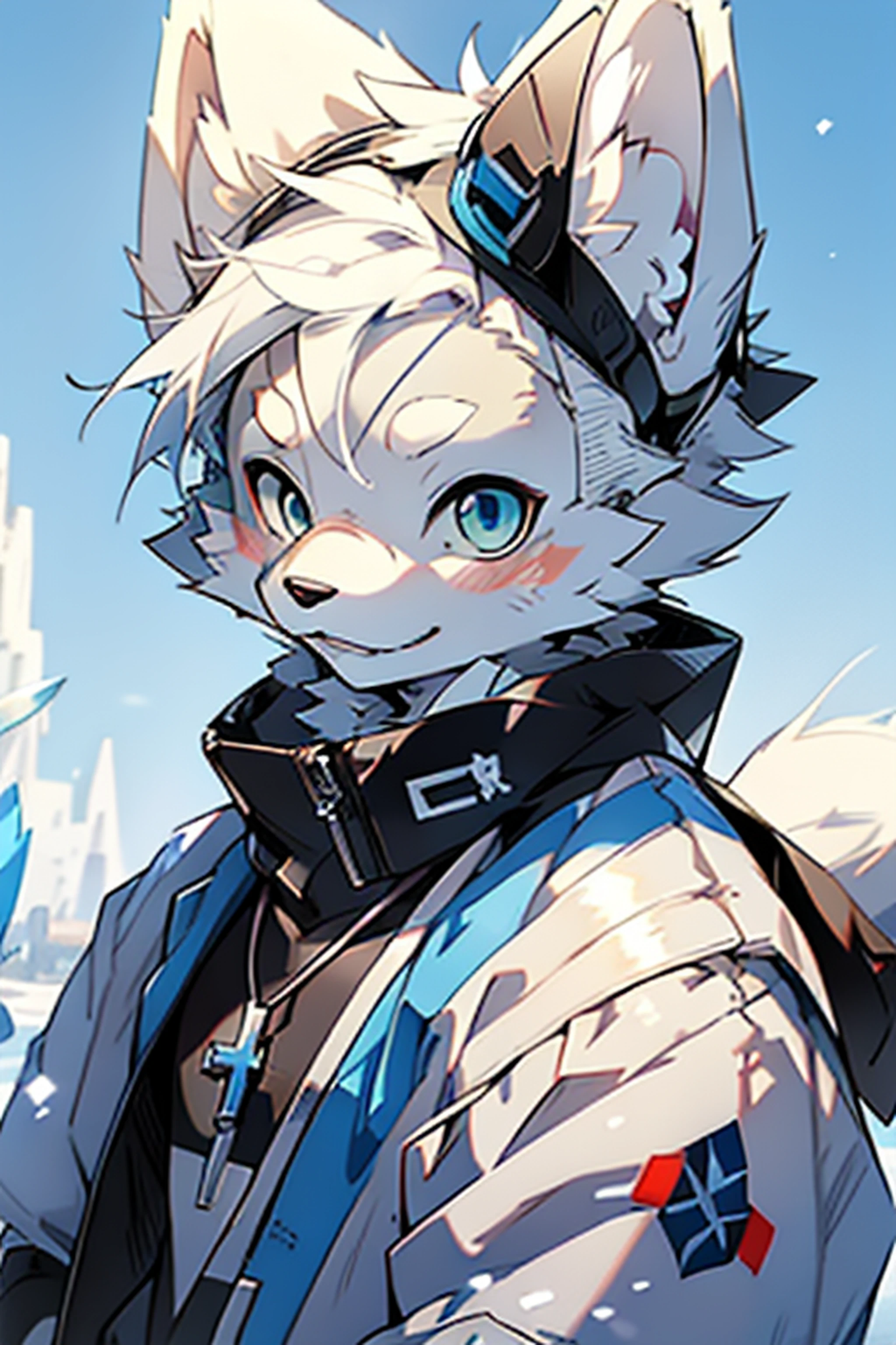 Renard arctique animé mâle，yeux bleus，cheveux blancs，Il a un chapelet bleu autour du cou， très très bel art à fourrure， Tendances sur ArtStation pixiv, joli art numérique détaillé, art animé numérique détaillé（Mignon 1.2）（Bleu 0.45）Ensoleillé et joyeux， Apparence