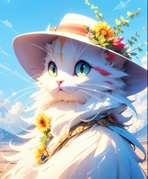 masterpiece, best quality, no humans, hat, flower, colored sclera, green eyes, cat, yellow sclera, whiskers, solo, animal focus, cloud, closed mouth, sky, hat flower, looking at viewer, upper body, white fur, masterpiece, best quality,
