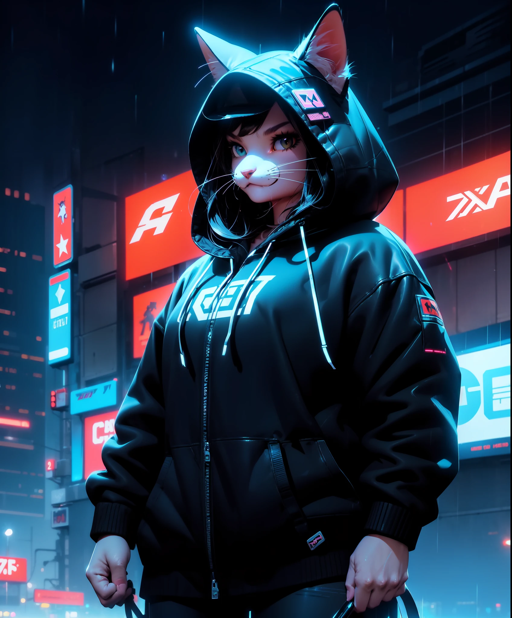 solo, cat ears, (furry:1.4), (cowboy shot:1.5), hoodie, standing, from below, 
cyberpunk, neon, digital signage, CyberpunkAI, rain, parted lips, cat, looking at viewer, smile, 
bokeh, depth of field, film grain, rim light, intricate detailed background, outdoor, city, alley, stairway, garbage, trash, 
((masterpiece)), best quality, absurdres, photo-realistic, a beautiful furry woman, (perfect detailed face), detailed eyes, wet black hair, bangs,
