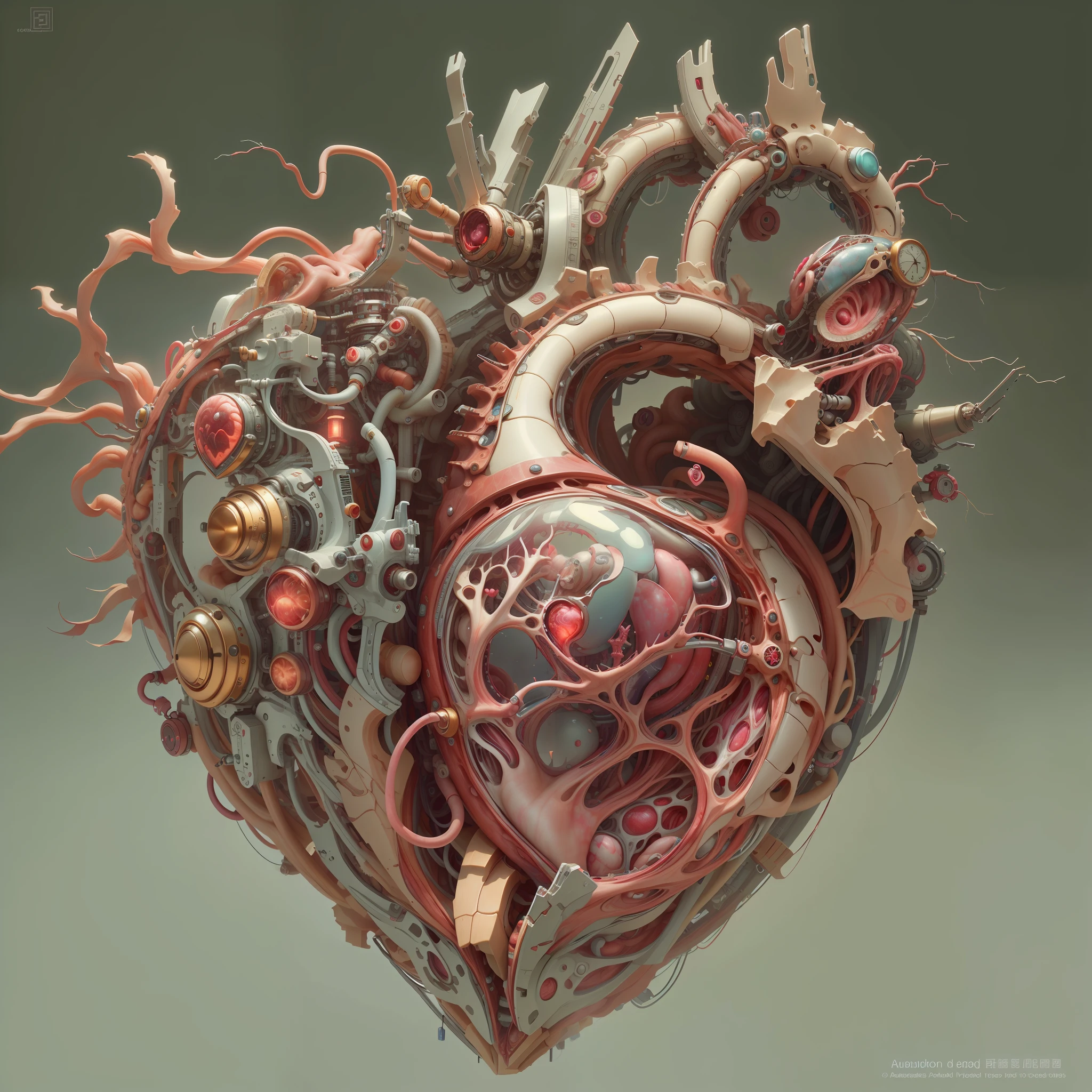 best qualtiy，tmasterpiece，Ultra-high resolution，（realisticlying：1.4），absurderes，intriguing，High color saturation，3D Anatomy，Glow-emitting pulsating veins，sci-fy，3D mechanical biological heart， fanciful，Beautiful 3D human heart decoration design，human heart，hisui/Gold and Copper/The golden dragon/Mechanical dial/Embedded in the heart of a living creature，BiopunkAI