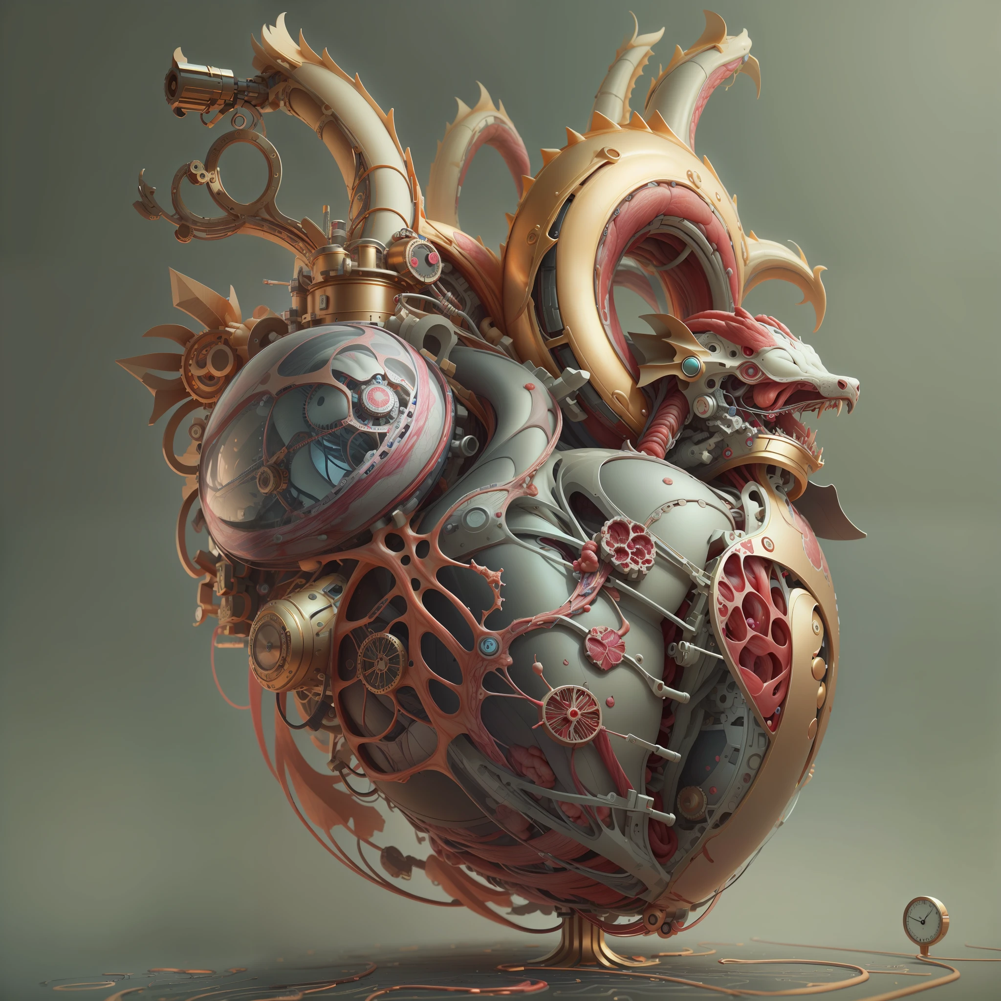 best qualtiy，tmasterpiece，Ultra-high resolution，（realisticlying：1.4），absurderes，intriguing，High color saturation，1 heart，3D Anatomy，Glow-emitting pulsating veins，sci-fy，3D mechanical biological heart， fanciful，Beautiful 3D human heart decoration design，hisui/Gold and Copper/The golden dragon/Mechanical dial/Embedded in the heart of a living creature，BiopunkAI
