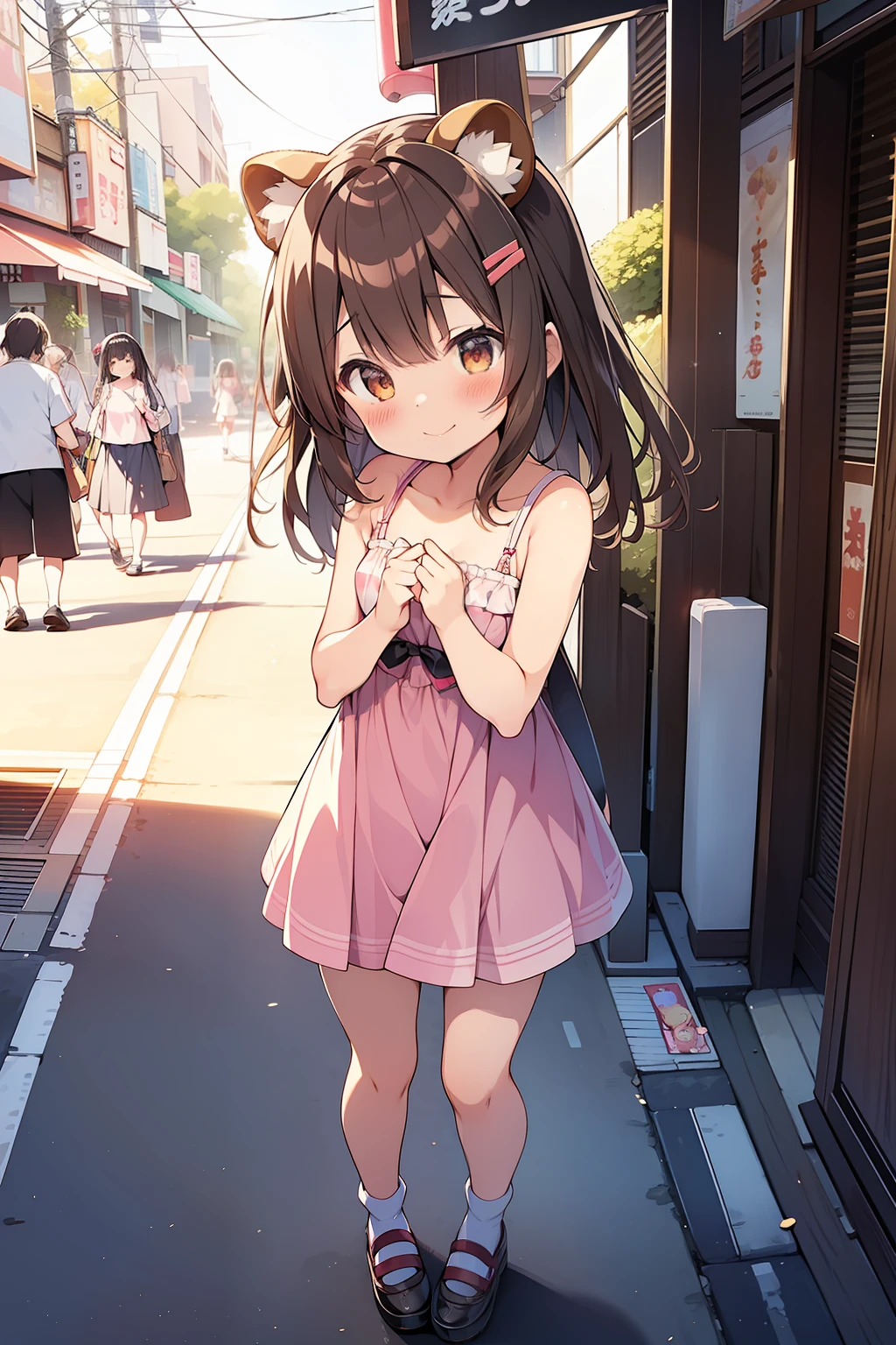 tanuki girl,  tanuki, kawaii, on a streets of tokyo, sunset, sunbeams, magical lighting, akihabara, in cute short dress, undies visible, panties visible, smiling, blushing, shy pose, kawaii outfit, beautiful hair, looking away