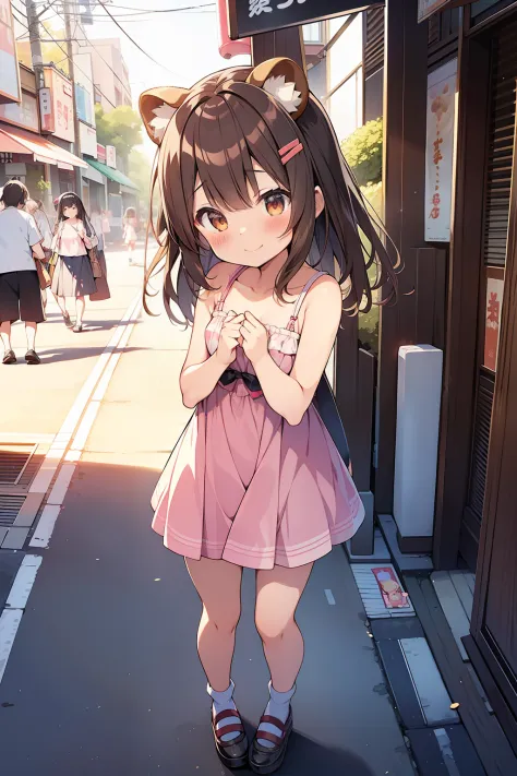 tanuki girl, loli tanuki, kawaii, on a streets of tokyo, sunset, sunbeams, magical lighting, akihabara, in cute short dress, und...