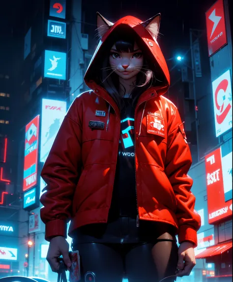 solo, cat ears, (furry:1.5), (cowboy shot:1.5), hoodie, standing, from below, (red jacket:1.35), 
cyberpunk, neon, digital signa...