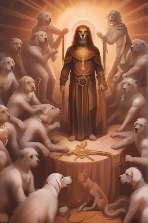 Image of humans suffering and being enslaved by a divine dog-man hybrid, imagem divina, religiosa, 8K.