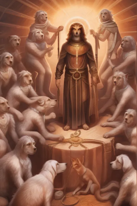 Image of humans suffering and being enslaved by a divine dog-man hybrid, imagem divina, religiosa, 8K.