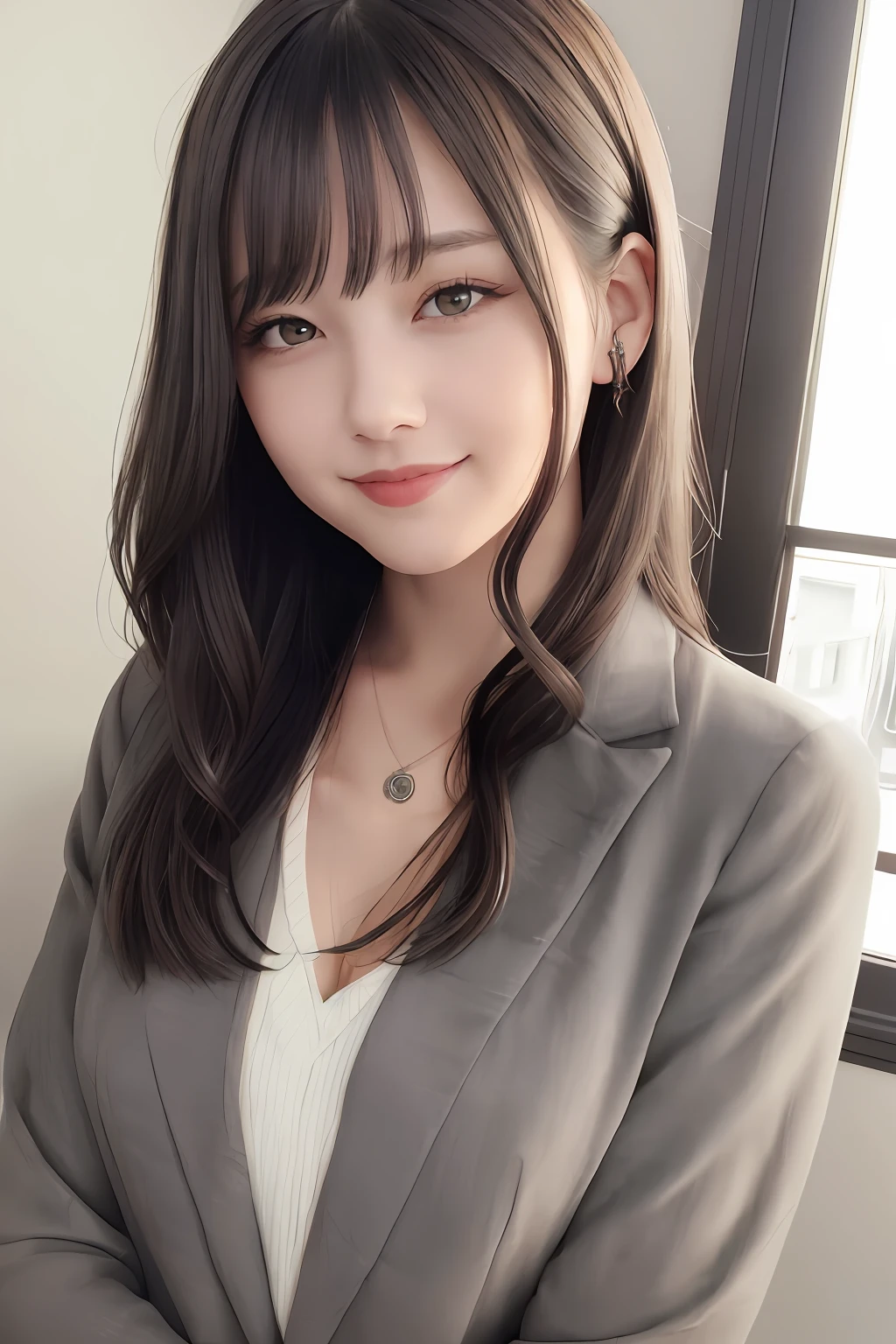 Gray suit、Little Gal、Clear skin、long、Sexy face、Small pendant、perfectly proportions、inside in room、a gorgeous、s lips、A dark-haired、ciinematic light、High Definition 8K、Real Estate Girls、23-year-old woman、adult-like、A dark-haired、Curly hair、natural、Realism、Grain、Calm smile
