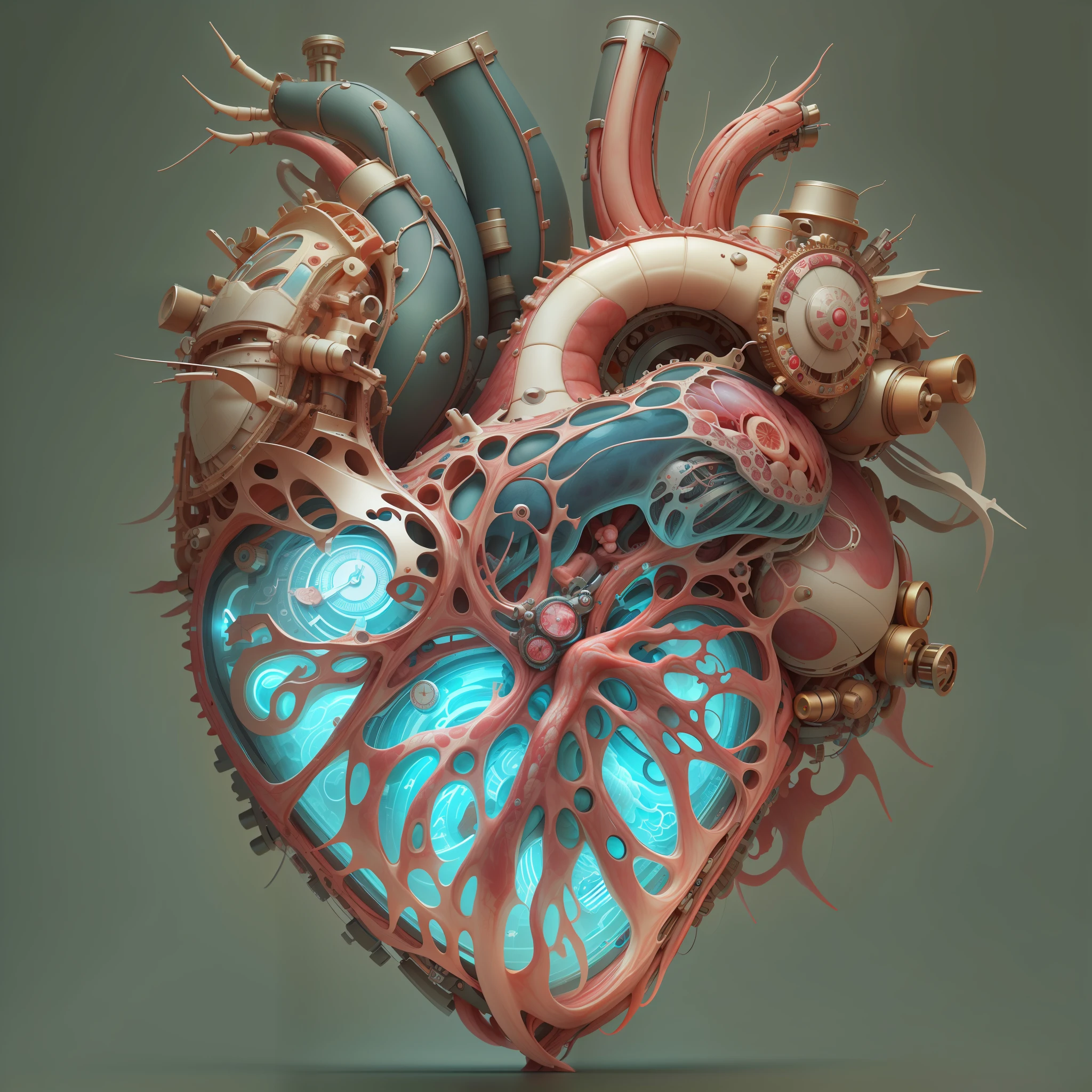 最好的品質，傑作，超高解析度，（現實地：1.4），荒謬的，有趣的，高色彩饱和度，1 颗心，3D 解剖學，發光的脈動靜脈，科学化，3D機械生物心臟， 奇特的，美麗的3D人心裝飾設計，翡翠/金和铜/金龙/机械表盘/嵌入生物的心脏，生物龐克