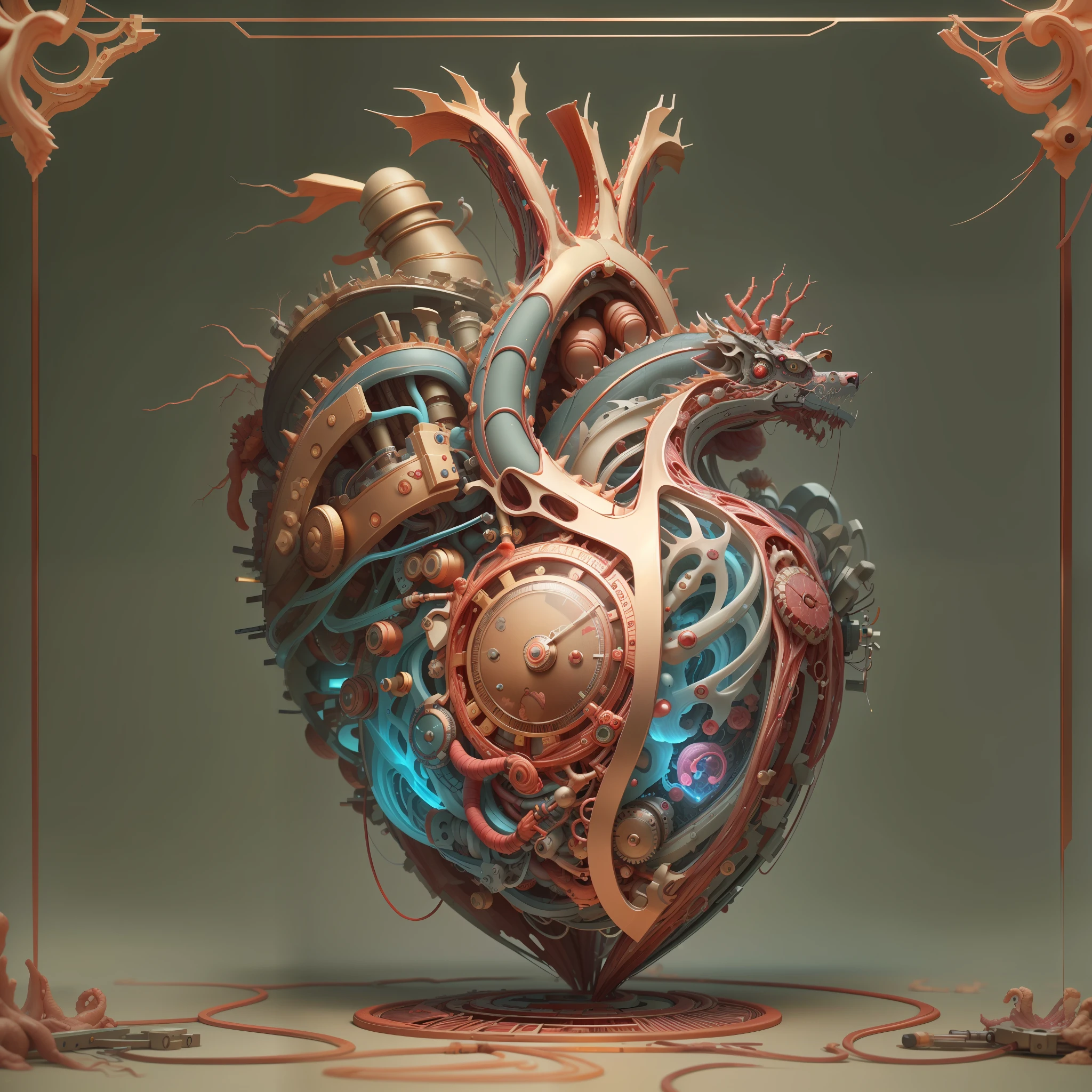 best qualtiy，tmasterpiece，Ultra-high resolution，（realisticlying：1.4），absurderes，intriguing，High color saturation，1 heart，3D Anatomy，Glow-emitting pulsating veins，sci-fy，3D mechanical biological heart， fanciful，Beautiful 3D human heart decoration design，hisui/Gold and Copper/The golden dragon/Mechanical dial/Embedded in the heart of a living creature，BiopunkAI