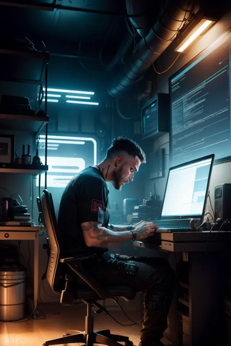 a man in a cyberpunk room working on Laptop