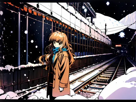 taiga aisaka by a train station on a snowy winter night, vhs, vintage, manga style, snow, black background, (bangs), wavy hair, ...