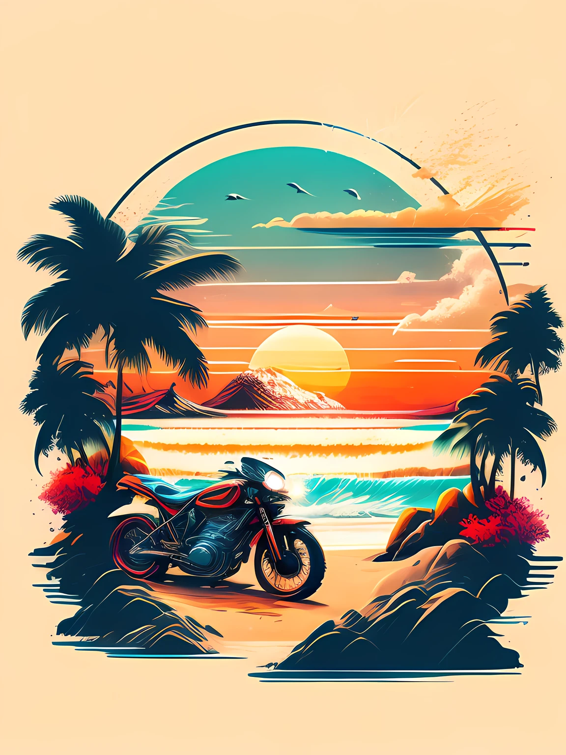 "moto, Una playa en un paisaje de verano., design de camiseta, mitad del viaje, arte vectorial, hidro74"