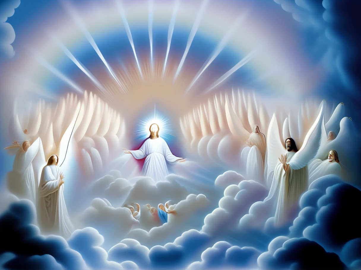 Une peinture de Jésus entouré d&#39;anges dans les nuages, entre les nuages célestes éclairés par le soleil, royaume divin des dieux, Paradis!!!!!!!!, Rayons de lumière sacrée sacrée, des anges dans le ciel, she is arriving Paradis, Paradis on earth, queen of Paradis, Deuxième venue, Enlèvement céleste, anges protégeant un homme en prière, L’enlèvement, esoteric equation Paradis, Luz Céleste