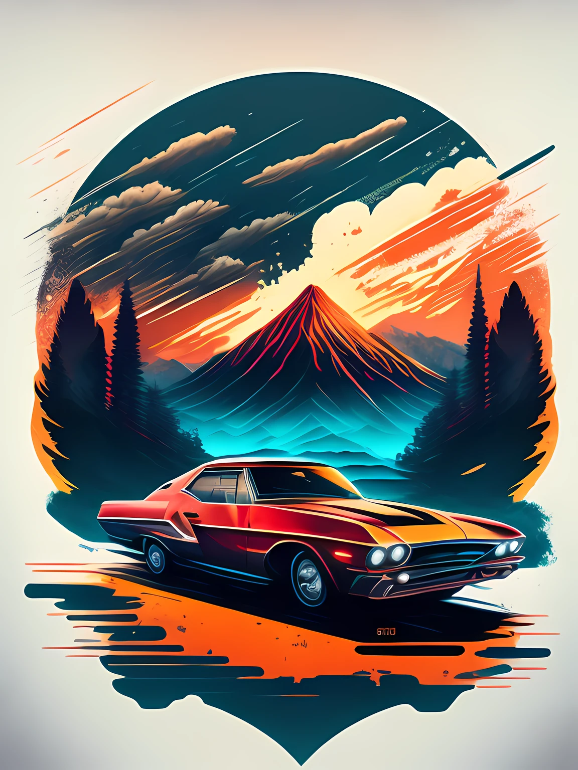 "voiture, paysage urbain luxuriant, conception de t-shirt stylisé, milieu du voyage, dynamique vecteur, hydro74"