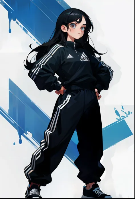 Black hair, 1Girl, Adidas Clothing, Hands on hips, Long-haired,