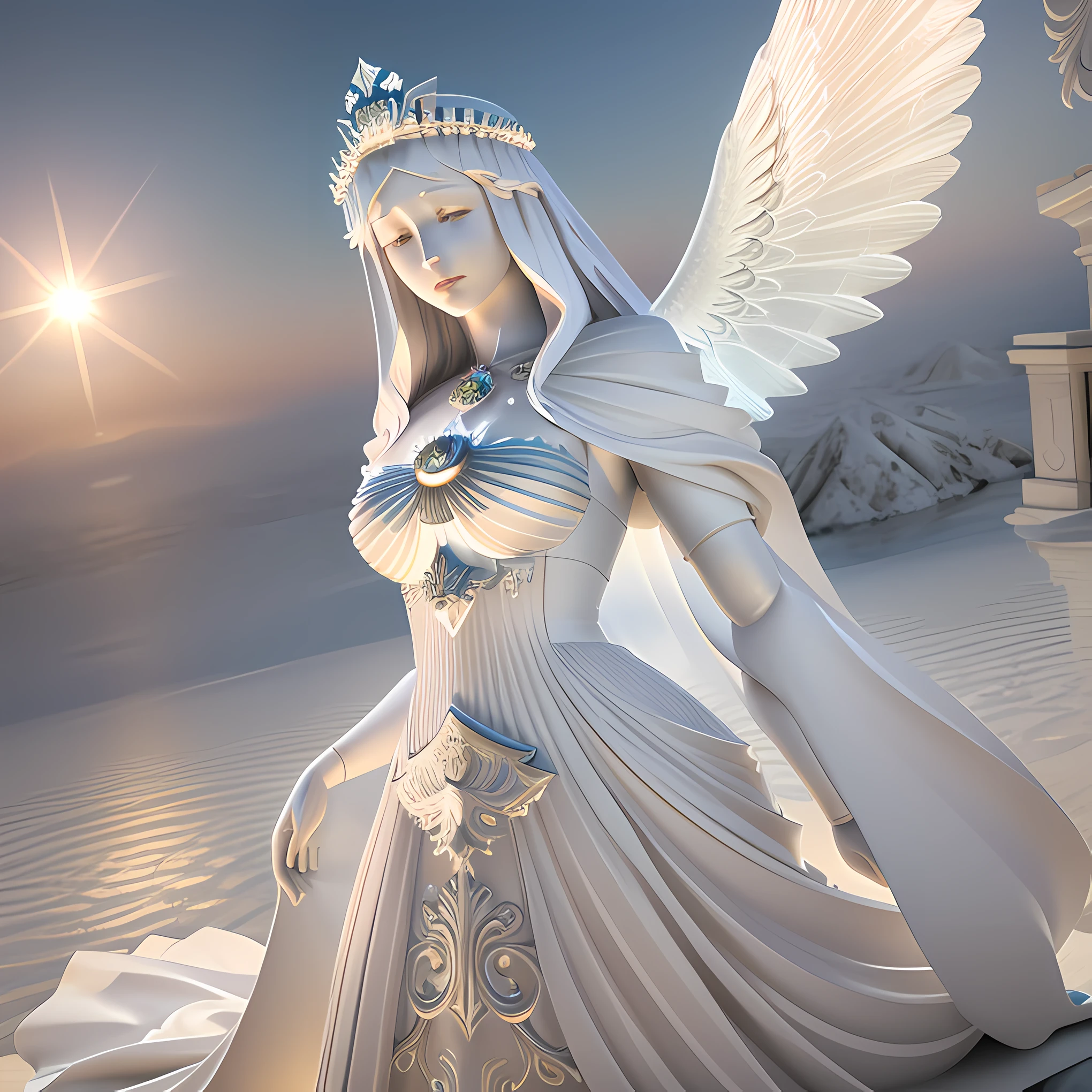 Statue of a woman in a white dress with a sun in the background, queen of heaven, unreal engine render + uma deusa, art nouveau octane render, mary in a sanctuary, Estilo Art Deco Medieval, Retrato da deusa 3D, renderizado em cinema 4 d, renderizado em cinema4d, Virgem Maria, renderizado em v-ray, daily render