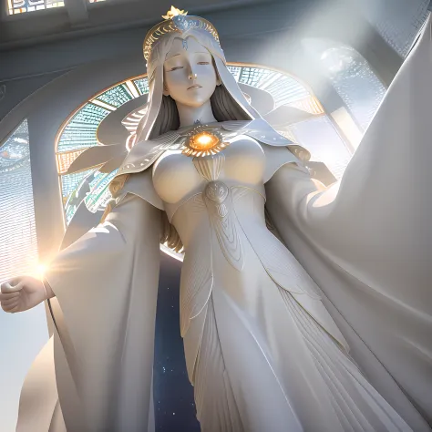 statue of a woman in a white dress with a sun in the background, queen of heaven, unreal engine render + uma deusa, art nouveau ...