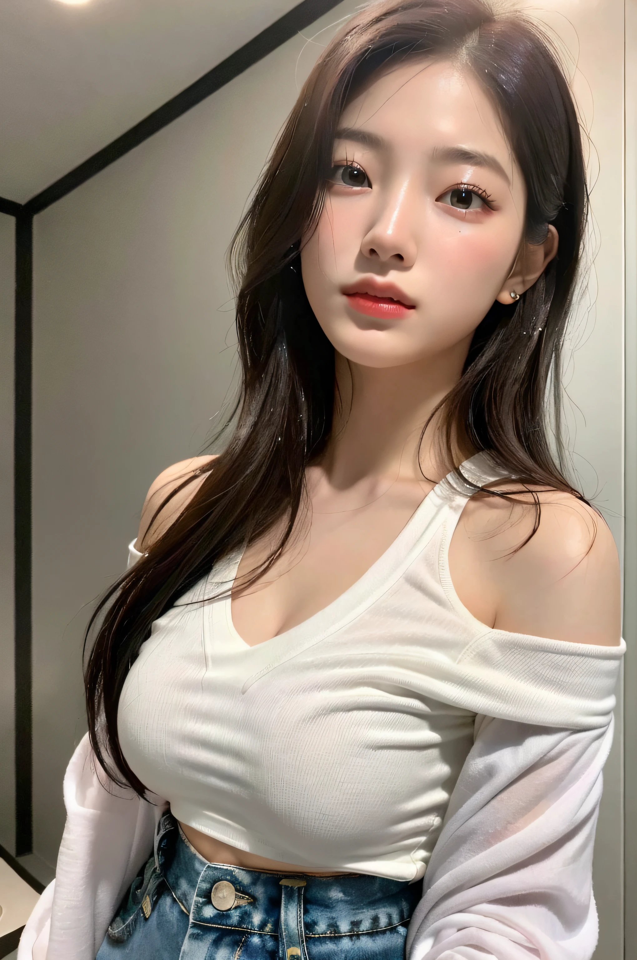 1girl, (Super:1.2), ((White shirt:1.2)), RAW Photos, (Photorealistic:1.37, Realistic), High Definition CG Unified 8K Wallpaper, Watch Viewer, ((Straight from Front))), (HQ Skin: 1.8, Glossy Skin), 8K UHD, DSLR, Soft Lighting, High Quality, Film Grain, FUJIFILM XT3, ((Upper Body: 1.6) ), (Pro Lighting: 1.6), (shower, wet body, wet clothes: 4.1), from below, emphasizing cleavage, off-shoulder, braless