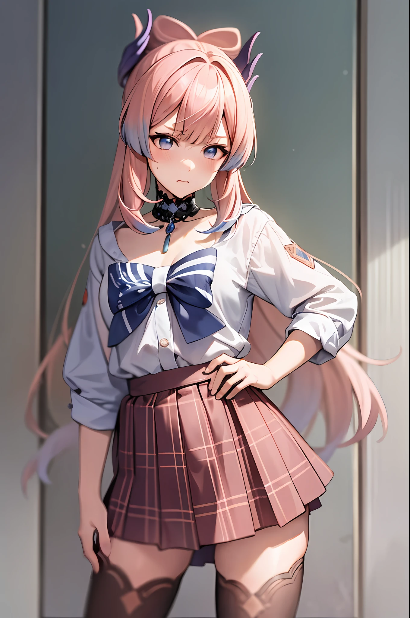 masterpiece, best quality, ultra detailed, hyper realistic, photo),delicate pattern, detailed background, uncensored completely, cowboy shot,  japanese girl,
, loose collar, skirt, looking over eyewear,
hair between eyes, pink hair
put up index finger and one hand on hip,  angry with puffed cheeks,
from above, leaning forward,