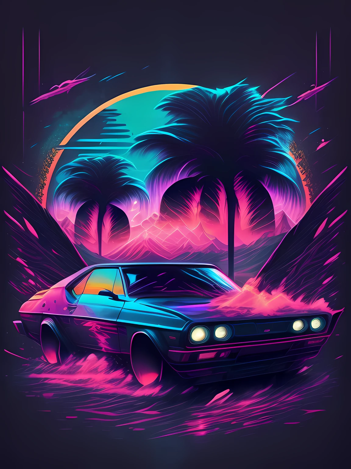 "automobile, cyberpunk environment, stylized t-shirt design, middle of the journey, vibrant vector art, hydro74"