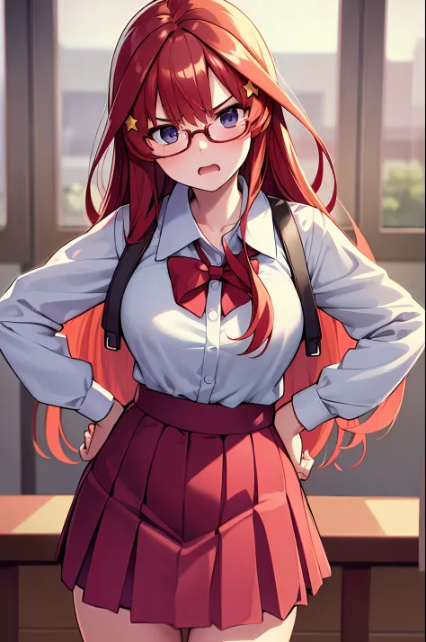 masterpiece, best quality, ultra detailed, hyper realistic, photo),delicate pattern, detailed background, uncensored completely, cowboy shot,  japanese girl, class room,
school uniform, loose collar, skirt, looking over eyewear,
hair between eyes, red hair...
