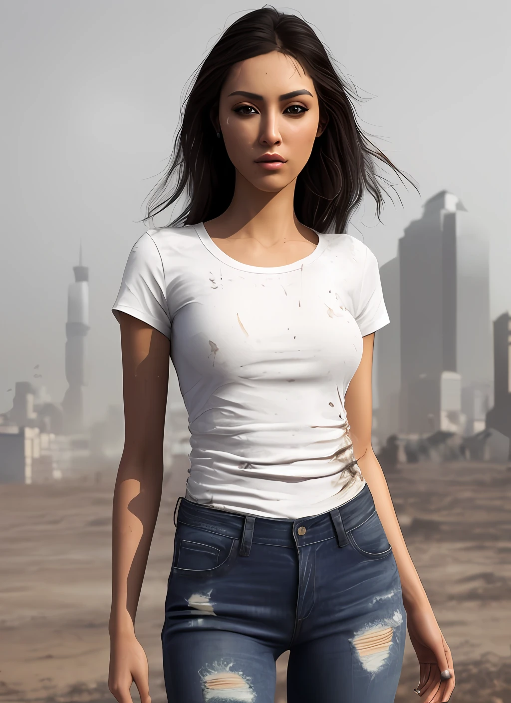 realistic photo (modelshoot style), (detailed face), ((29 year's Arabian beautiful women, middle eastern women, model look, white dirty Teeshirt, regular fit, plain basic tee-shirt, full body length tee-shirt, muddy dust on white Teeshirt, mud stains, waifu in a cramped rusty )), sunset, oily, sweaty, dirty, ripped jeans, torn skinny jeans, whitened skin, toned body, very detailed face features, very detailed black eyes, double eyelid, post-apocalyptic,  natural skin texture, 24mm, 4k textures, soft cinematic light, adobe lightroom, photolab, hdr, (full shot body:1.4) photo of android woman, soviet union, 70s, retrofuturism, masterpiece, (photorealistic:1.4), best quality, ((old torn black round neck plain Tee-shirt, torn jeans, dirty clothes,)) beautiful lighting, ((old torn white Teeshirt with long torn jeans, dirty)) lying beaten on the ground, war zone, rain, mud, puddles, braided hairstyle, ray tracing, space background, (very detailed background, detailed complex busy background : 1.4 ), sharp focus, volumetric fog, 8k UHD, DSLR, high quality, film grain, ((depressive mood)), photorealism, logography, at ( A sprawling soviet metropolis in a future dystopia ), view from below , translucency , (HDR:1.2), Mar, basic tee-shirt full length, in different action, standing, walking style, middle eastern 29 years old wo middle eastern beautiful women, black medium length wavy hairs, damage burn cars on background, warzone, ruined city