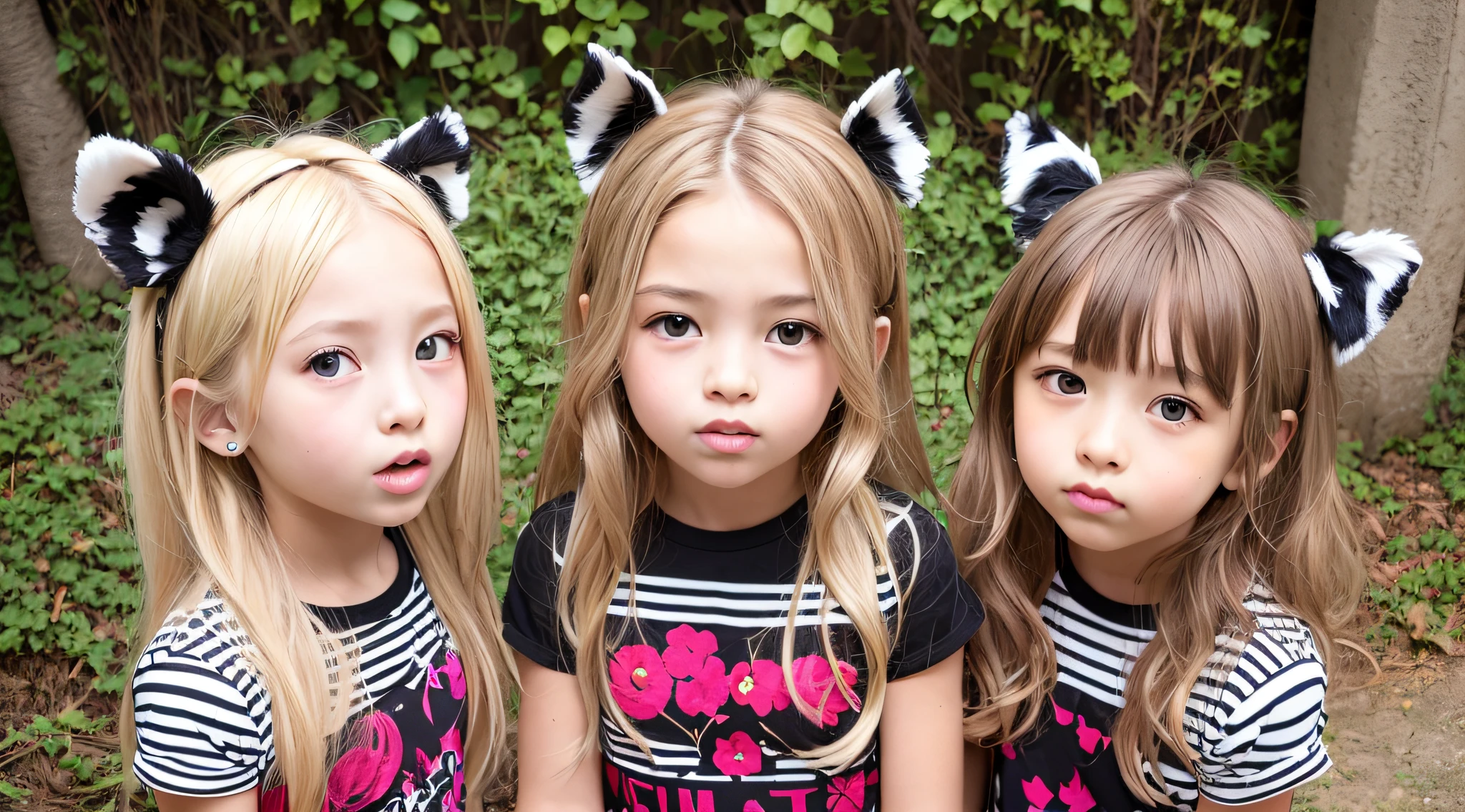 Three little girls with cat ears and black and white shirts - SeaArt AI